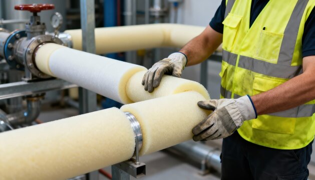 Worker installs foam pipe insulation in a medium shot focusing on efficient heat conservation and seamless coverage on industrial plumbing.