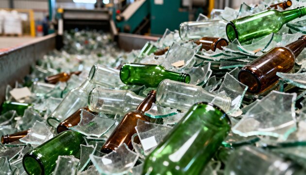 Close-up of mixed glass waste at recycling facility with crisp textures and colors.