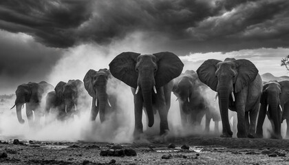 Dramatic black and white herd of African elephants charging forward.