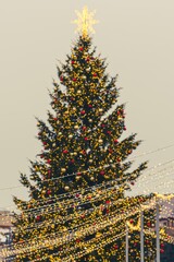 A large outdoor Christmas tree in Vilnius, decorated with warm white lights and ornaments, topped with a glowing star, standing in a festive setting with strings of lights in the foreground