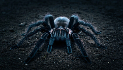 Exotic blue tarantula spider poised on dark ground.