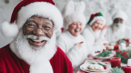 Santa Claus happily smiling, enjoying a festive Christmas breakfast with a diverse group of friends celebrating holiday cheer and togetherness