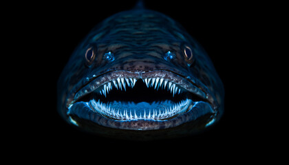 Fearsome deep sea predator fish with glowing bioluminescent teeth.