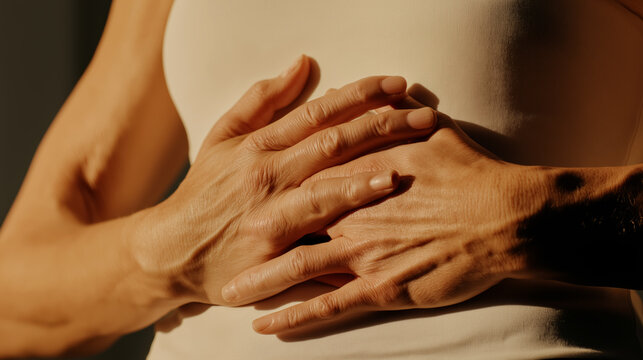 Woman's hands tapping on her chest area, practicing EFT for stress relief, emotional healing and body energy balancing