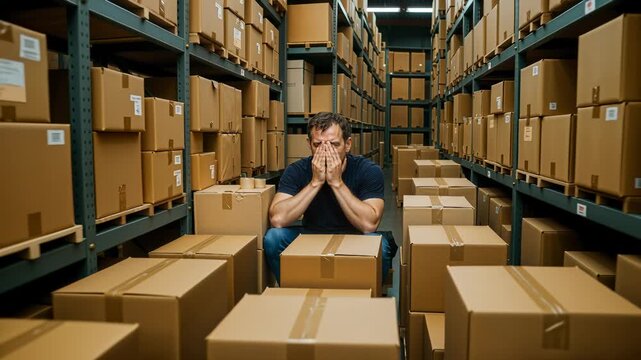 Supply chain manager showing signs of burnout in a crowded warehouse. Overwhelmed man sits on the floor surrounded by cardboard boxes. Backward camera movement from close-up to wide shot.