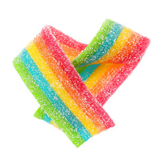 Set of rainbow sour jelly candies strips in sugar sprinkle on white background. Heart Shape