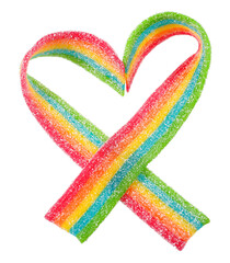 Set of rainbow sour jelly candies strips in sugar sprinkle on white background. Heart Shape