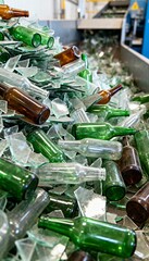 Close-up of mixed glass waste at recycling facility with crisp textures and colors.