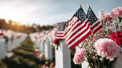 American flags and flowers honoring fallen soldiers in Sarasota National Cemetery during Memorial Day