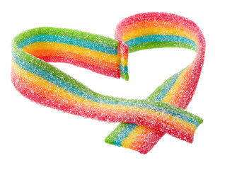Set of rainbow sour jelly candies strips in sugar sprinkle on white background. Heart Shape