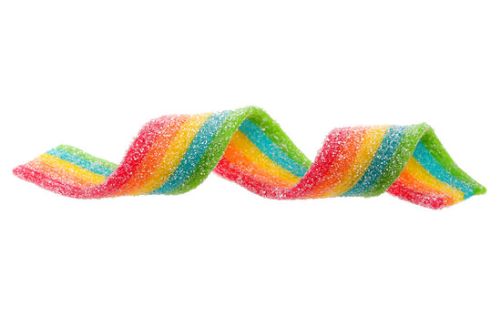 Set of rainbow sour jelly candies strips in sugar sprinkle on white background.