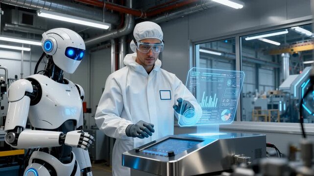 Man and humanoid robot working together in a smart factory. Scientist interacts with a transparent data screen. Medium panning shot.