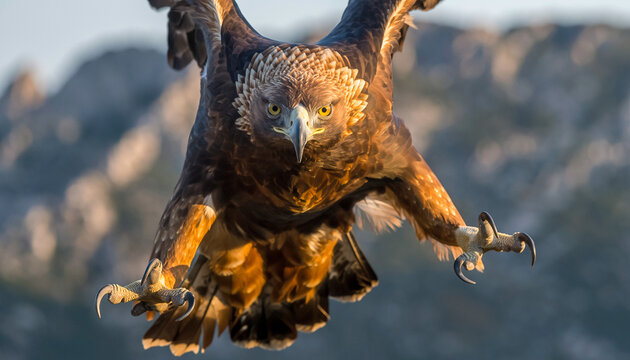Majestic golden eagle flying directly towards the camera with talons extended.