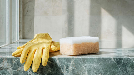Yellow rubber glove and cleaning sponge resting on a granite countertop, symbolizing home cleaning and hygiene
