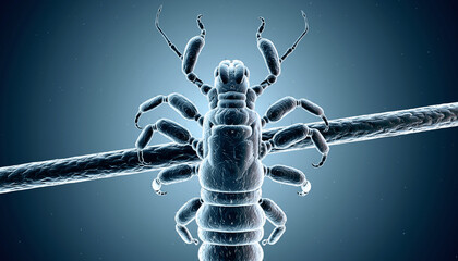 Microscopic xray view of a head louse on a human hair strand.