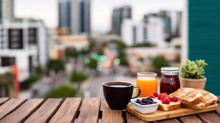 Obraz premium Balcony breakfast enjoying city skyline morning view, fresh toast, coffee, juice on a wooden table
