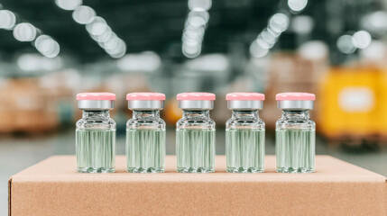 Vaccine vials on a cardboard box, representing pharmaceutical production, healthcare, and global supply chain logistics