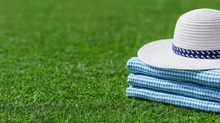 White sun hat resting on folded gingham pattern picnic blankets on green grass, ready for summer outdoor leisure