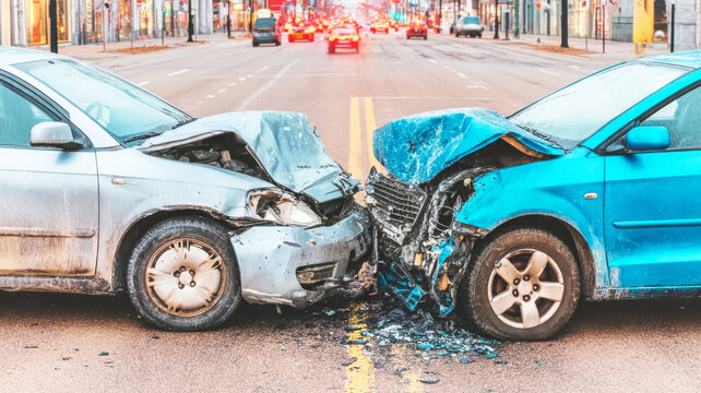 Two wrecked cars colliding head on in a serious traffic accident on a city street, showing extensive damage and shattered debris