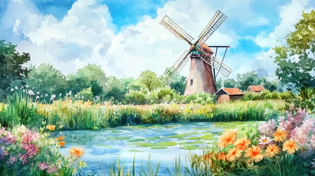 A serene watercolor of a classic windmill surrounded by vibrant flowers and a tranquil pond under a clear sky, watercolor.