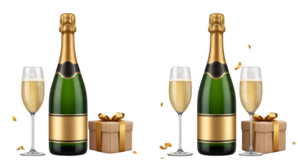 champagne bottle and glasses isolated on transparent background