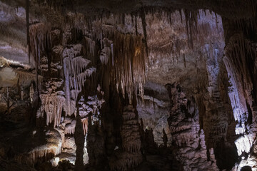 Large underground chamber filled with dense stalactites and rock formations, illuminated by soft artificial light inside a deep limestone cave