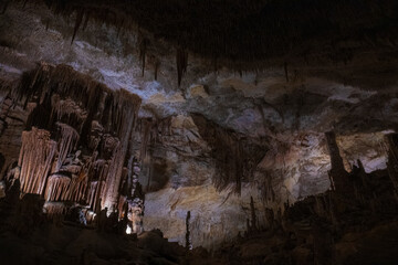 Large underground chamber filled with dense stalactites and rock formations, illuminated by soft artificial light inside a deep limestone cave