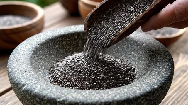 Pouring chia seeds into a stone mortar for grinding preparing healthy ingredients for cooking.