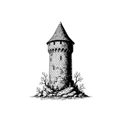 Old stone castle tower in engraving.