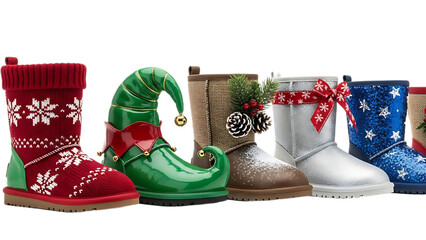 A collection of christmas themed boots including elf stocking and snowflake designs on a black background