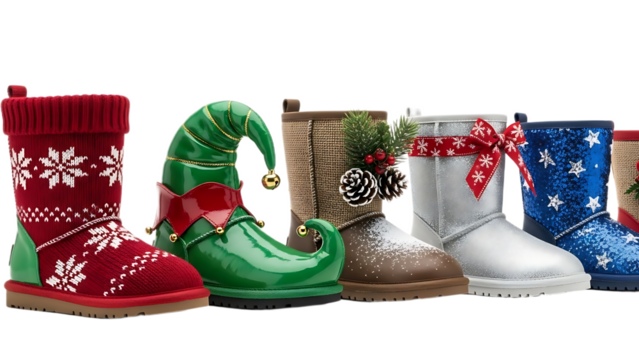 A collection of christmas themed boots including elf stocking and snowflake designs on a black background
