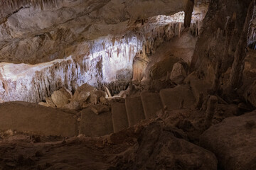 Large underground chamber filled with dense stalactites and rock formations, illuminated by soft artificial light inside a deep limestone cave
