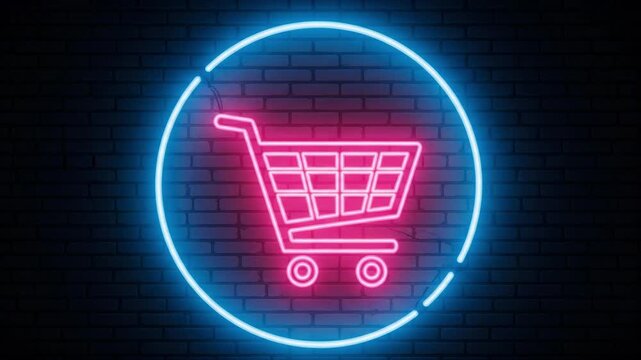 Neon shopping cart icon in blue circle on brick wall, modern store lighting, motion, video,