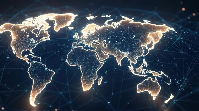 Digital world map with glowing continents and interconnected data lines for global business, communication, and technological progress concept