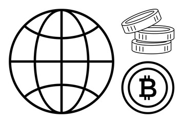 Globe grid accompanied by stacked coins and a Bitcoin icon, representing digital currency and global financial systems. Ideal for cryptocurrency, trading, investment, blockchain, economy, fintech