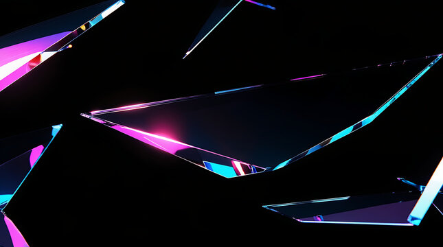 Black dark blue violet cyan teal neon abstract background. Iridescent glass light streaks 3d render in motion. Color gradient ombre blend. Glossy sharp shapes. Bright flash glow shimmer metallic blur - Powered by Adobe