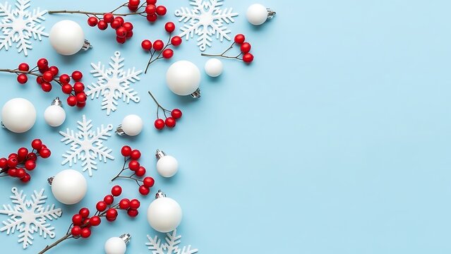 Festive christmas arrangement with ornaments berries and snowflakes on a blue background