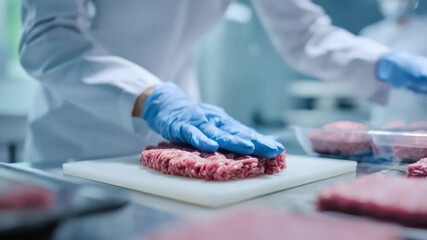 Medium shot of an expert gently pressing and feeling raw meat to assess texture and firmness in a quality control lab