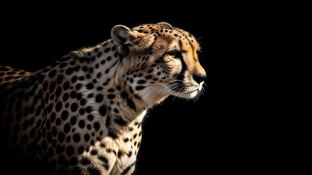 Side profile of a cheetah standing against a dark background, highlighting its streamlined body and distinctive spotted fur