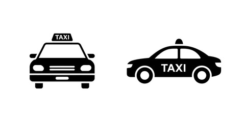 Fototapeta premium Two black taxi icons, one front-facing and one side-facing, are displayed against a white background.