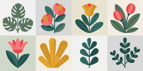 A diverse set of eight clean minimalist flat design illustrations showcasing stylized botanical plants, bright tropical leaves, geometric summer flowers, and garden foliage elements, ideal for modern