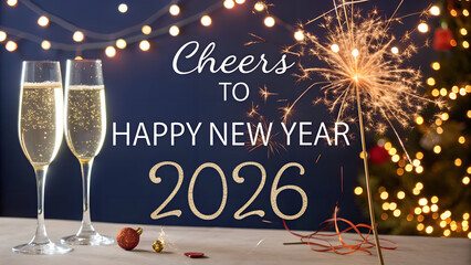 cheers to happy new year 2026 with two champagne flutes and sparkling firework isolated on festive background banner with glance, new years eve backdrop