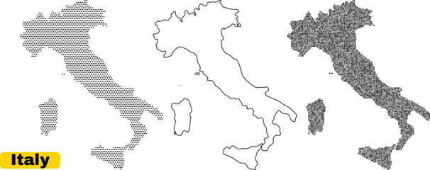 Obraz premium Set of three stylized map outlines of italy showing different texture fills including horizontal line pattern, simple outline, and grid pattern