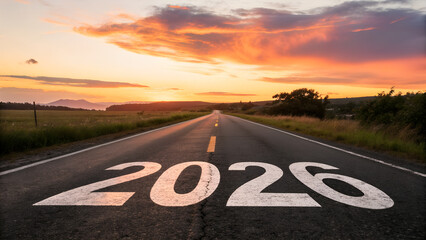 New year 2026, Text 2026 written on the road in the middle of asphalt road at sunset. Concept of planning, opportunity, hope, business strategy, new life change.