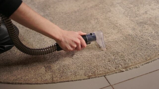Maintenance technician performs thorough carpet extraction, Professional technician utilizes portable tool to deeply clean and rejuvenate stained commercial carpets