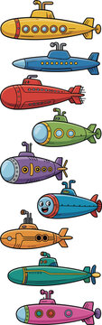 Vibrant and diverse cartoon submarine vector collection featuring many different colorful playful nautical submersible vessels in a vertical row, ideal graphic resource for kids' education, technology