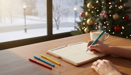 Hands writing in open planner on wooden desk with steaming coffee and colorful pens, set against snowy window and Christmas tree for holiday organization concepts
