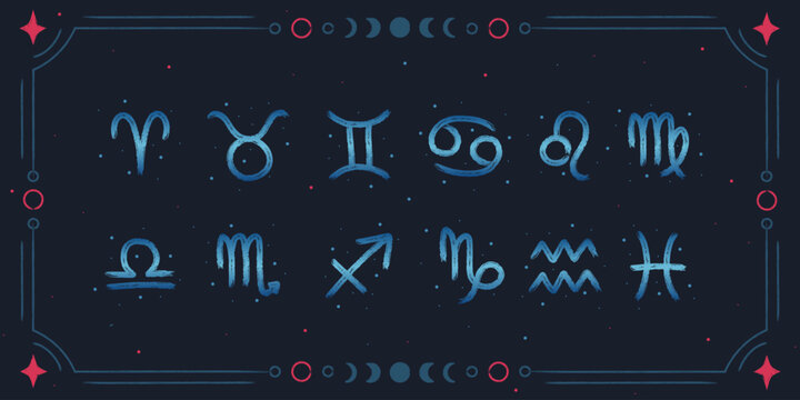 Hand drawn zodiac signs set. Blue gradient horoscope symbols. Isolated design elements on dark background. Vector astrology illustration