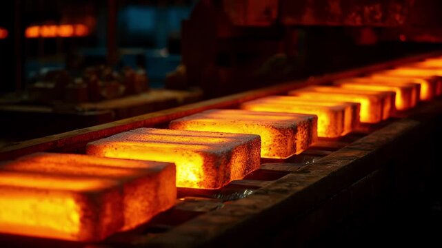 Medium shot of heated copper billets glowing orange on a conveyor belt ready for extrusion in an industrial foundry.