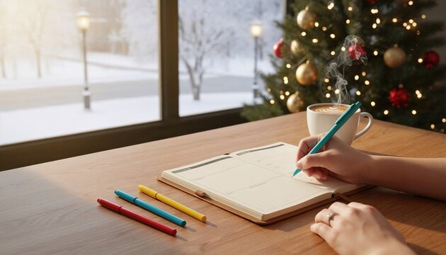 Hands writing in open planner on wooden desk with steaming coffee and colorful pens, set against snowy window and Christmas tree for holiday organization concepts